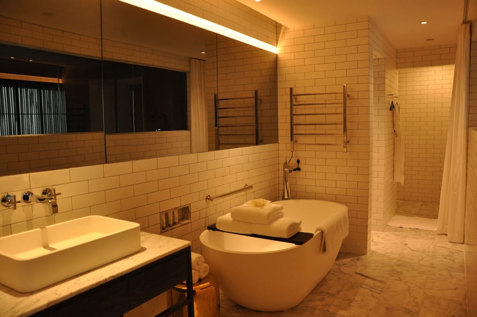 Separate tub and shower, hair dryer, towels