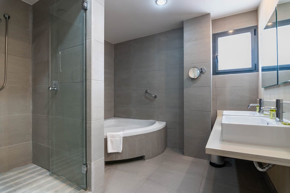 Hair dryer, bidet, towels, soap