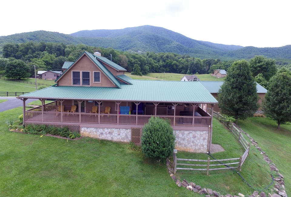 Drone picture from the large, grassy lawn that is part of the property.