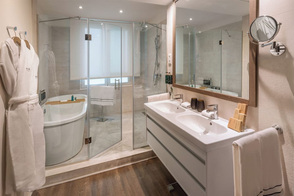 Eco-friendly toiletries, hair dryer, towels, soap
