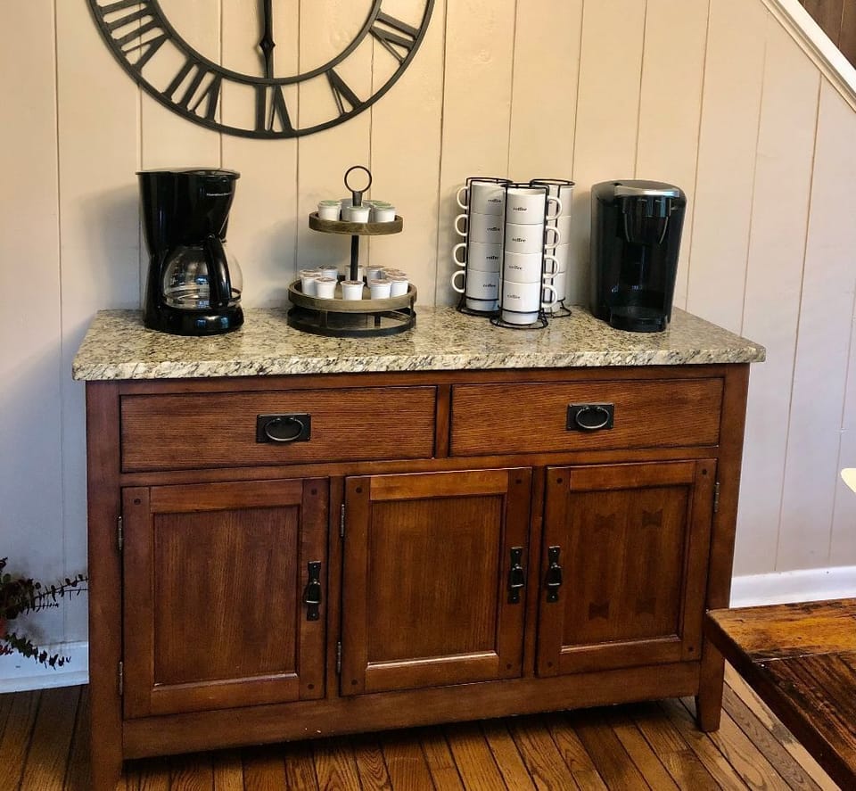 Coffee bar with Keurig and drip coffee options. Starter K-cups provided.