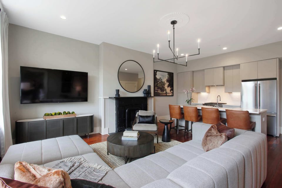 Living Room | Open Layout View with Dining Area | Fourth Floor of Building — Unit on One Level