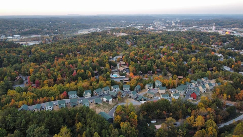 Drone shot of neighborhood where Osprey Nest Cottage is located.