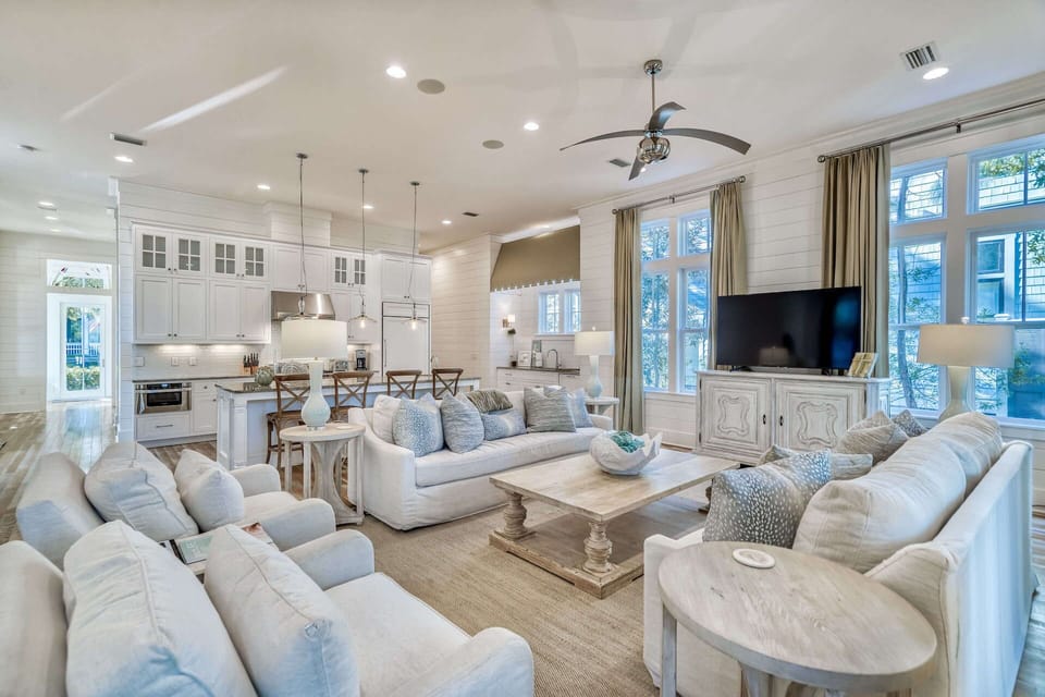 Main living room flows into the kitchen and dining area