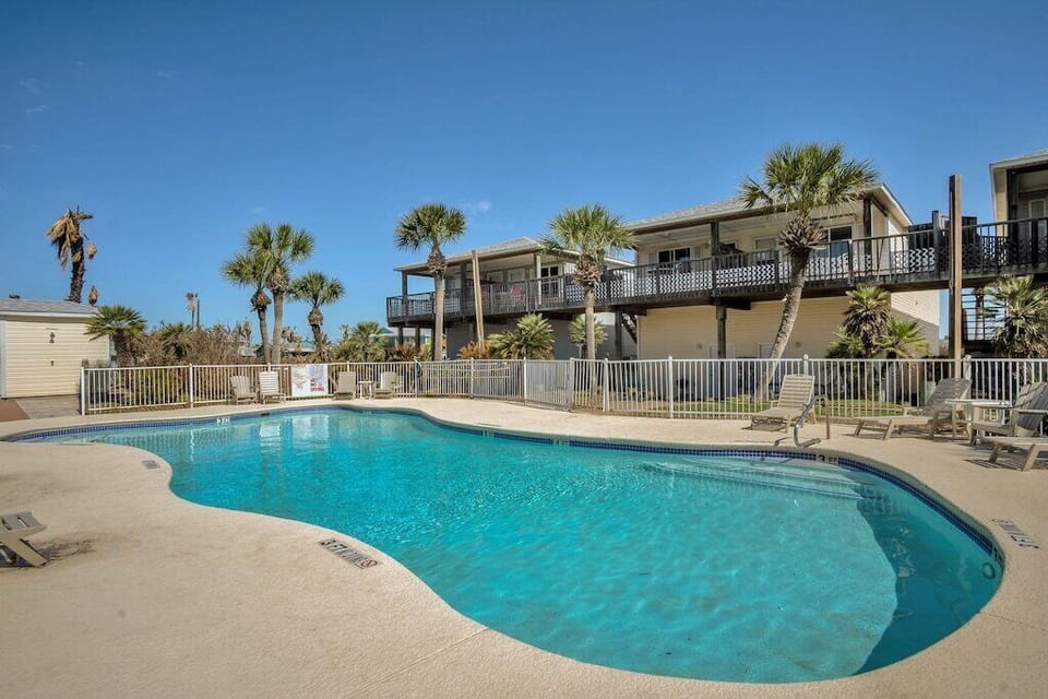 Community pool surrounded by green space with lots of palm trees
