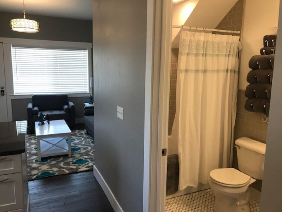 Looking from bedroom door towards the living room and bathroom