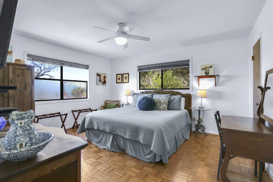 The first bedroom has a king size bed