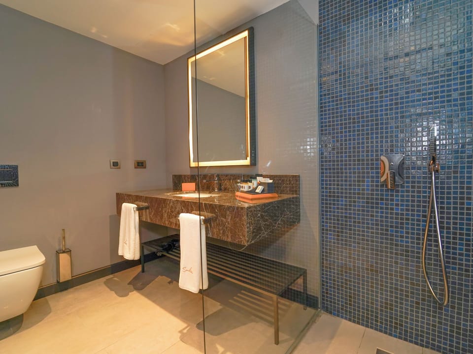 Shower, rainfall showerhead, free toiletries, hair dryer