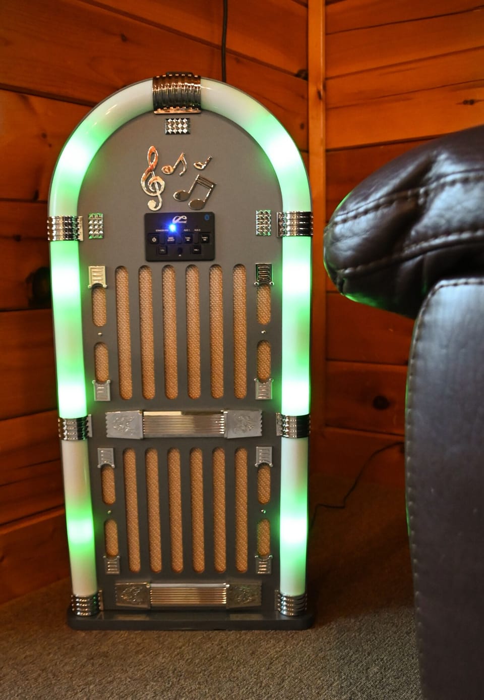Light-up bluetooth jukebox in game room.  Play music directly from your phone.