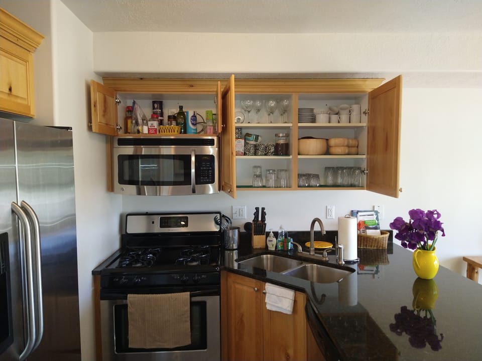 Lots of glassware and some kitchen staples.