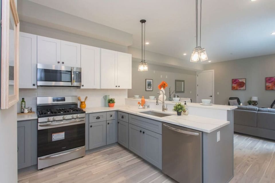 Sleek Modern Kitchen Flowing into Cozy Living Space