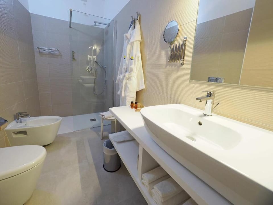 Shower, rainfall showerhead, bathrobes, slippers