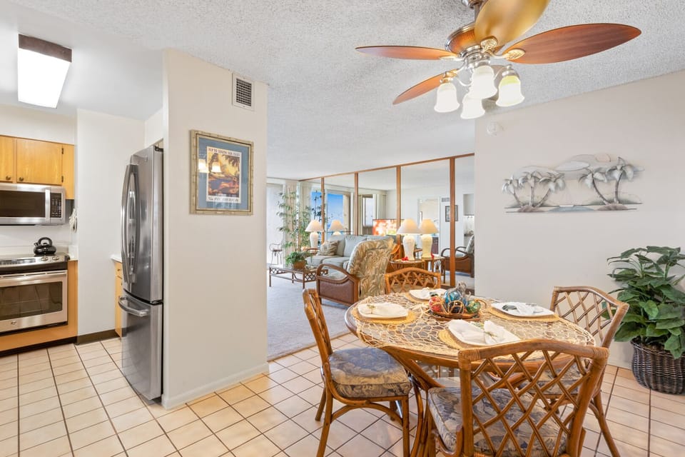 dining table and kitchen space