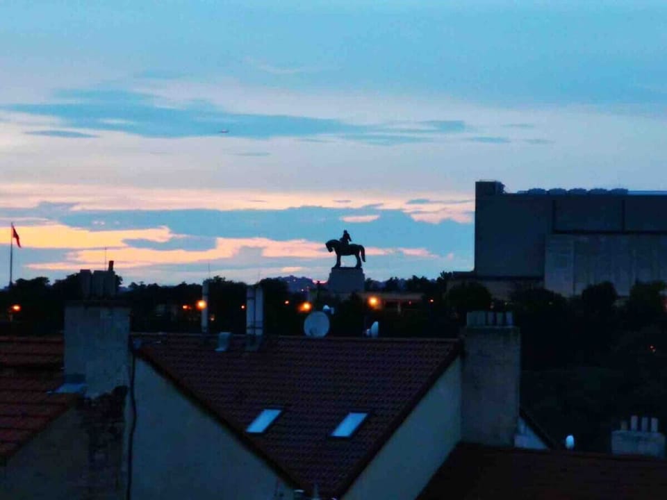 Žižka statue at night