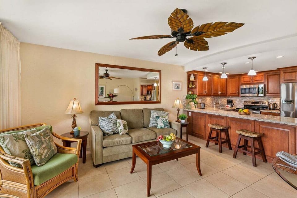 Relax in a living room styled with island charm.