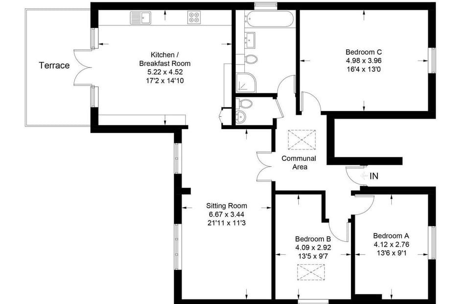 Layout Preview: Spacious 3-bedroom flat with a communal area perfect for gatherings and relaxation!