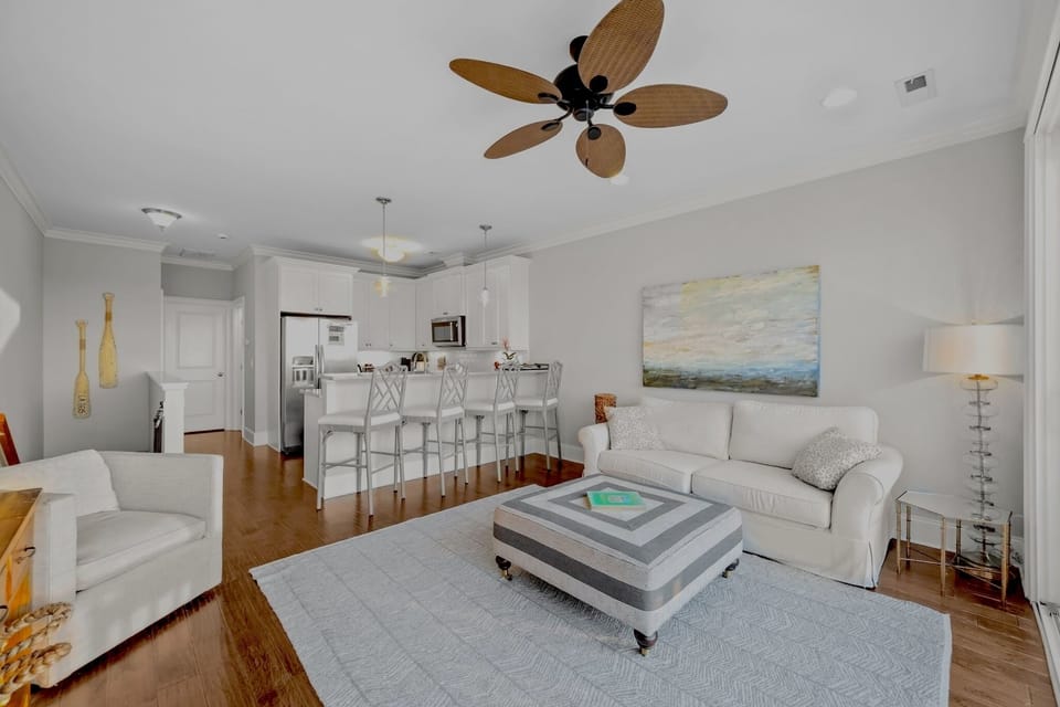 Enjoy a countertop style kitchen with 4 stools and a 5th available in the closet