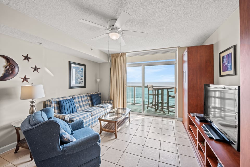 The ocean front living room is fabulous for movie night with the family.