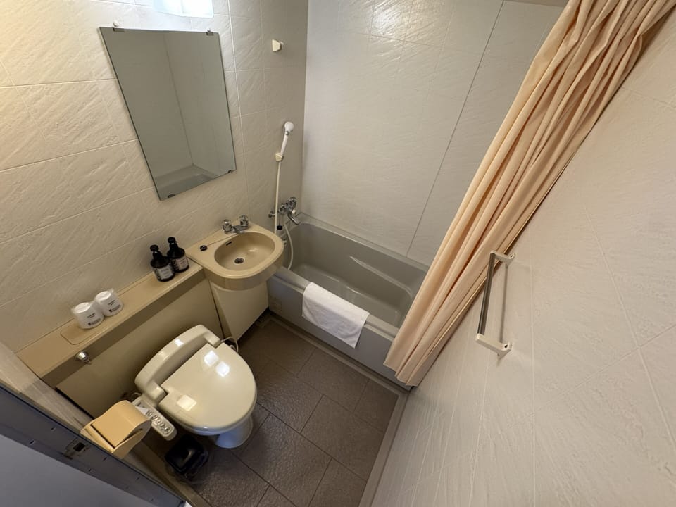 Combined shower/tub, deep soaking tub, free toiletries, hair dryer