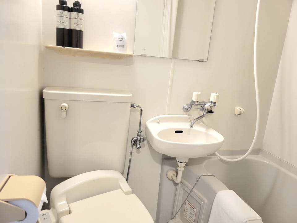 Combined shower/tub, deep soaking tub, free toiletries, hair dryer