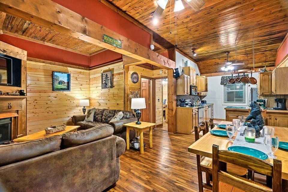 An overview of the dining area and living room 