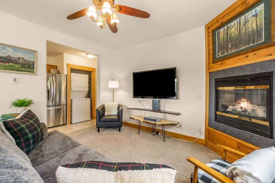 Living room, big screen TV, washer and dryer