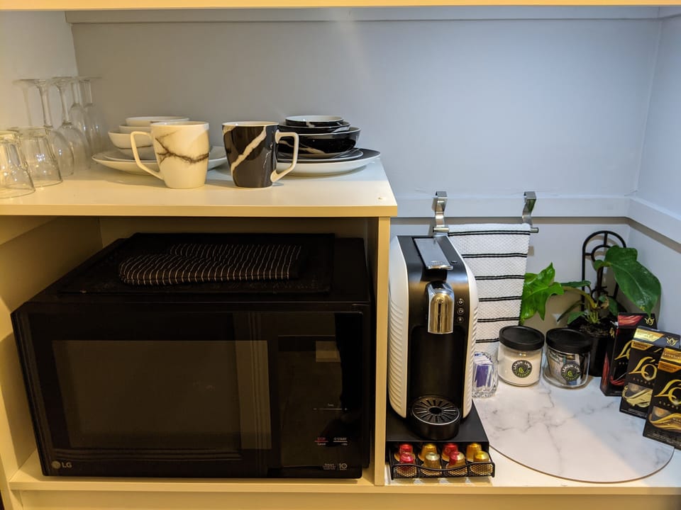 Microwave, crockery & cutlery