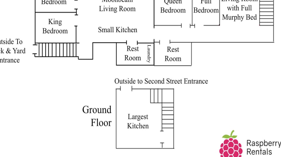 Floorplan to Sunrise Condo, with entry into a large kitchen, then upstairs to a living room with full Murphy bed, then full and queen bedrooms, two rest rooms and laundry, a smaller kitchen and larger living room, then queen and king bedrooms.