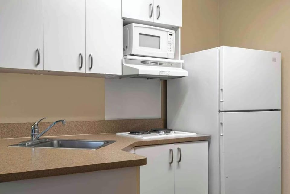 Full-size fridge, microwave, stovetop