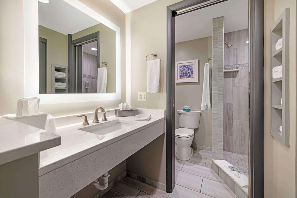 Shower, free toiletries, hair dryer, towels