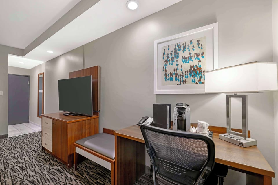 Standard Room, 2 Queen Beds, Non Smoking (Walk-in Shower) | Desk, laptop workspace, blackout drapes, iron/ironing board