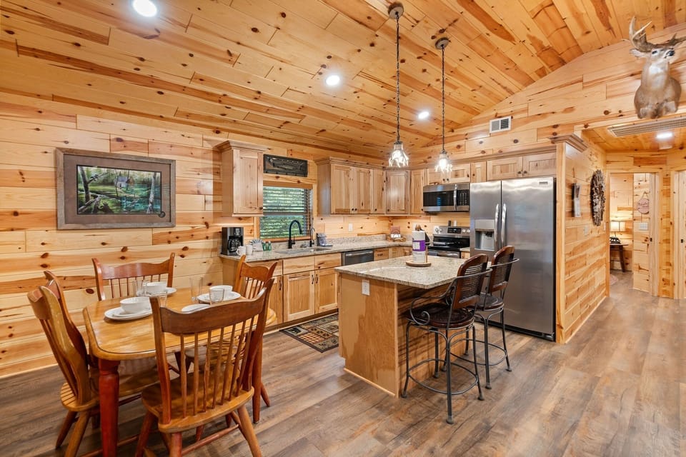 Indoors, Hardwood, Stained Wood, Kitchen, Refrigerator