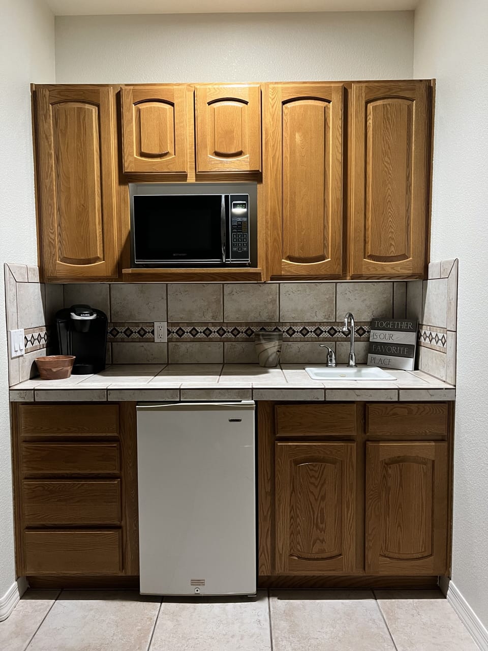 Casita wet bar with microwave and mini fridge