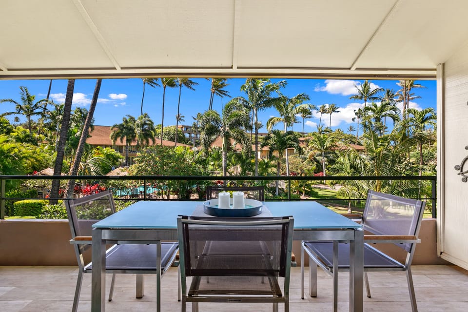 Dine surrounded by swaying palms and tropical gardens on your private lanai, where every meal becomes a moment of island serenity beneath endless blue skies.