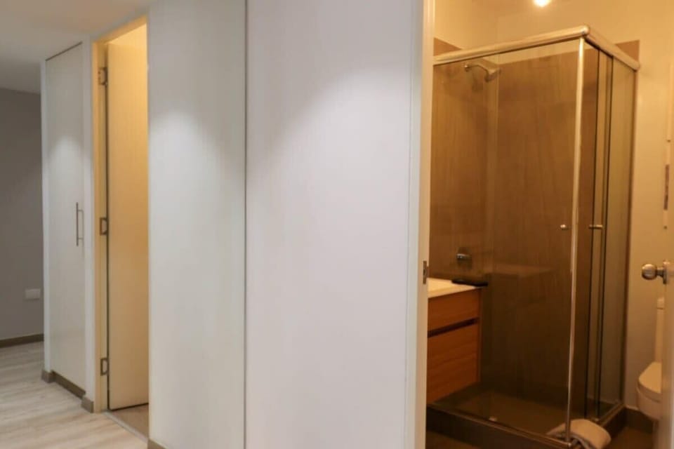 Bathroom with fancy shower