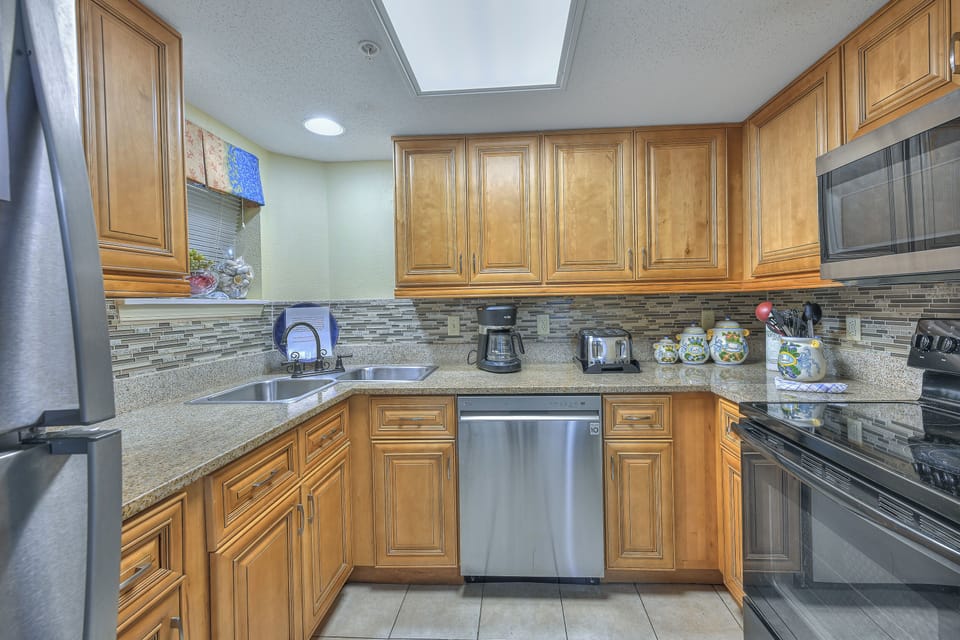 An updated kitchen makes preparing meals a breeze.