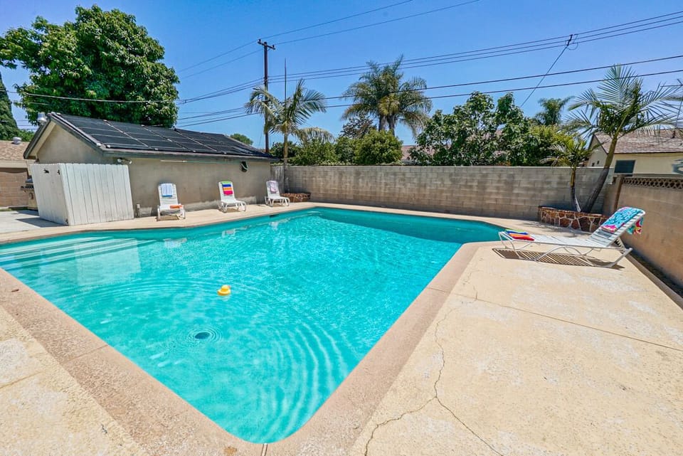 - Sparkling pool water framed by concrete deck and trees   - Private backyard with multiple lounge chairs provided   - Relax swim or soak up sunshine in this inviting space