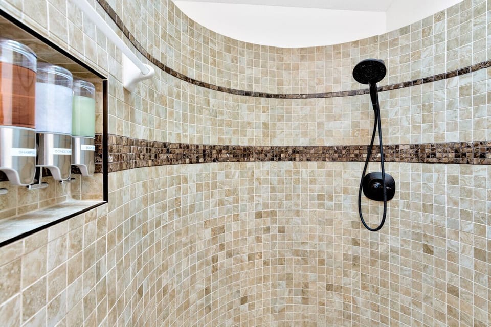Master bathroom has two shower heads and skylight.