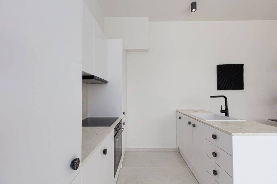 Modern open living space with fully equipped kitchen.