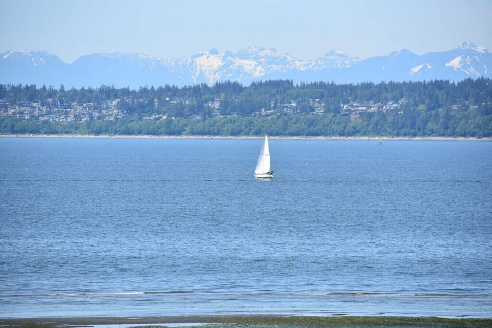 The land mass across the water from the cottage is mostly Canadian - White Rock, Tsawwassen, Vancouver's North Shore Mountains, and the islands beyond, Saturna, Mayne, Galiano, Saltspring and Vancouver Island. You can also see Point Roberts, WA.