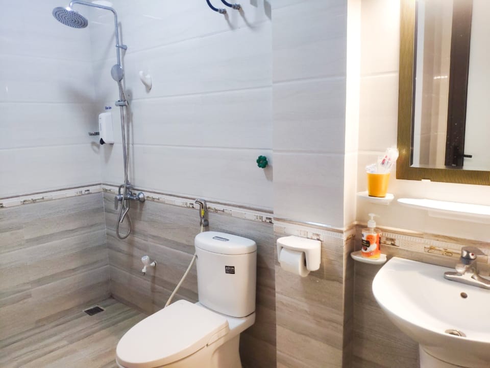 Shower, hydromassage showerhead, free toiletries, hair dryer