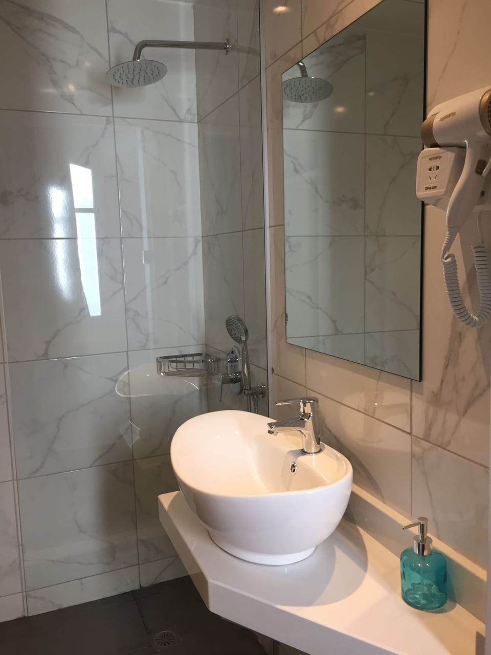 Shower, rainfall showerhead, hair dryer