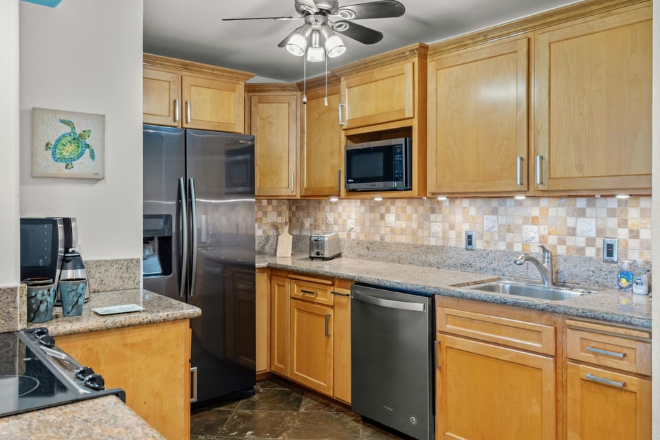 Large fully stocked kitchen.