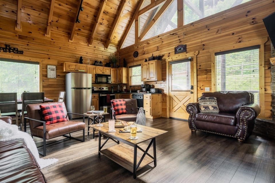 A cozy living room with a sleek leather sofa invites relaxation.