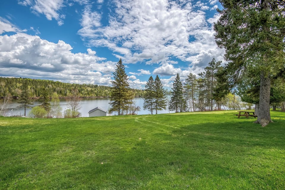 Spacious lawn with chairs and picnic tables