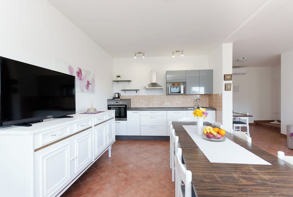 Apartment (A1) | Private kitchen | Fridge, microwave, oven, stovetop