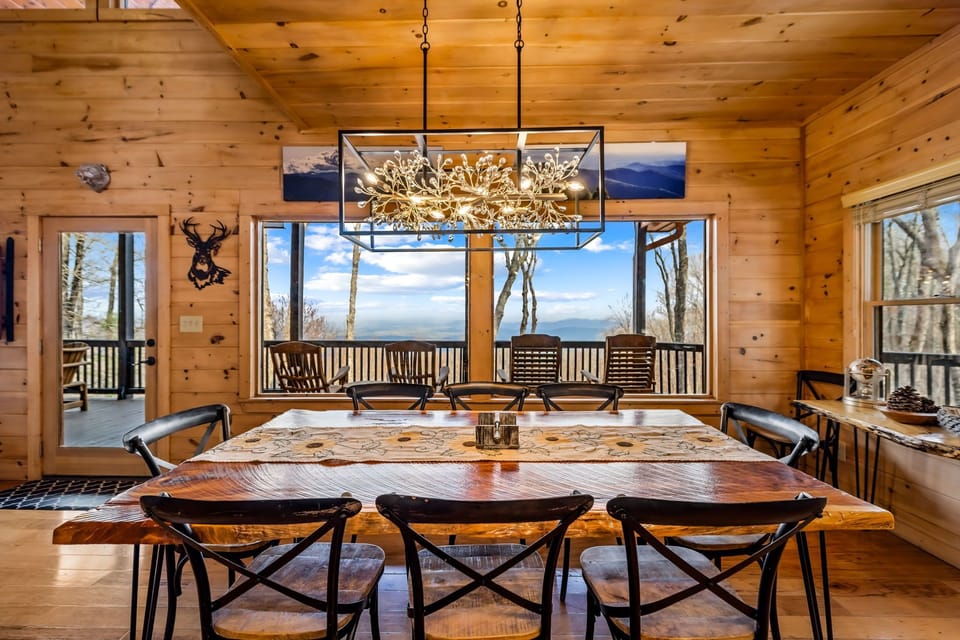Enjoy spectacular views while dining at the rustic table. 