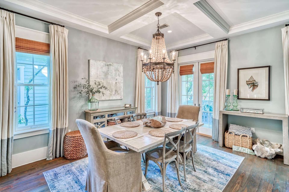 Dine under chandelier lighting