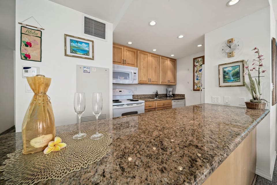 The unit is well stocked with kitchen ware and appliances perfect for a meal at the condo.