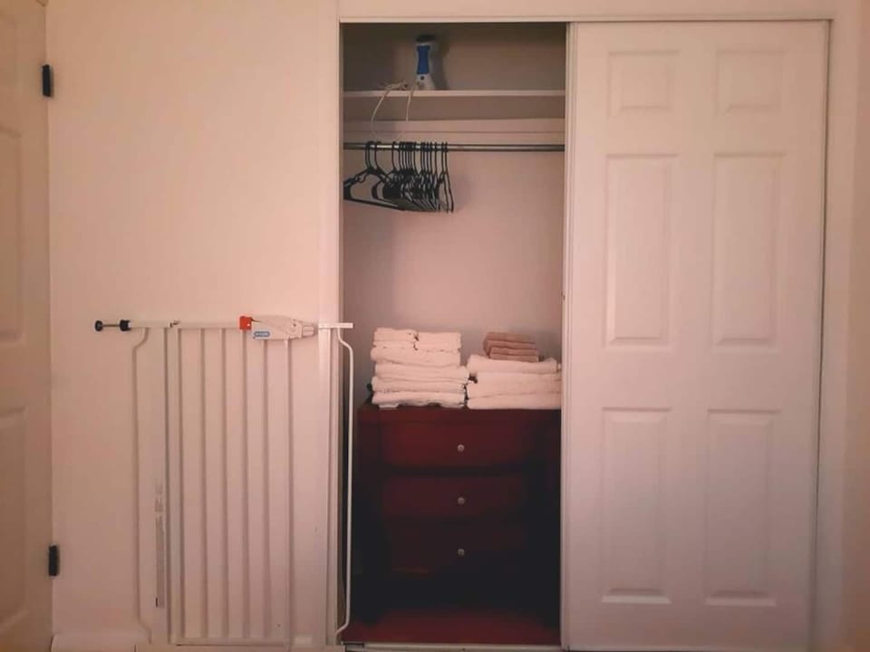 Closet with extra drawers, hangers, steamer, and pet/baby gate
